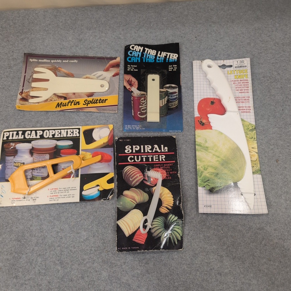 Vintage NOS Kitchen Gadget Lot Muffin Splitter Spiral Cutter Lettuce Knife 5pc - Picture 1 of 2
